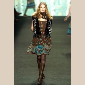 Anna Sui Runway Look Silk Dress Brown and Teal Strapless Pleated Top Size 6